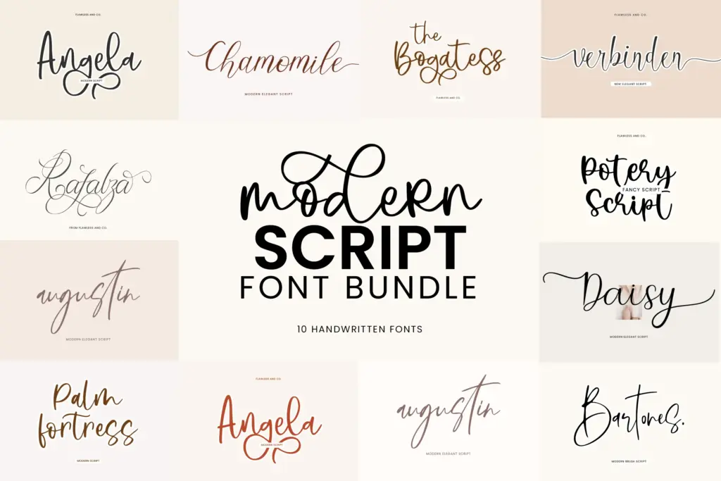 Collage of the modern script fonts included in the bundle.