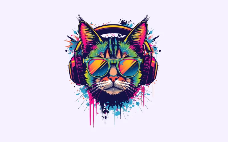 Stylized neon cat with headphones and sunglasses using Cat T-shirt design prompts
