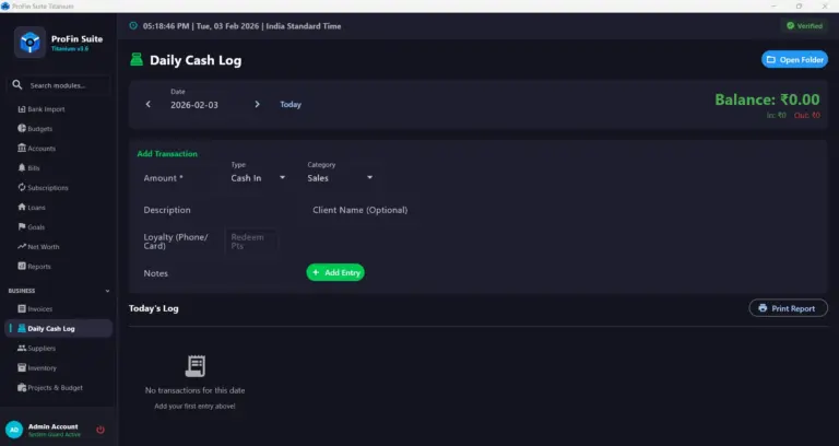 PROFIN SUITE Daily Cash Log