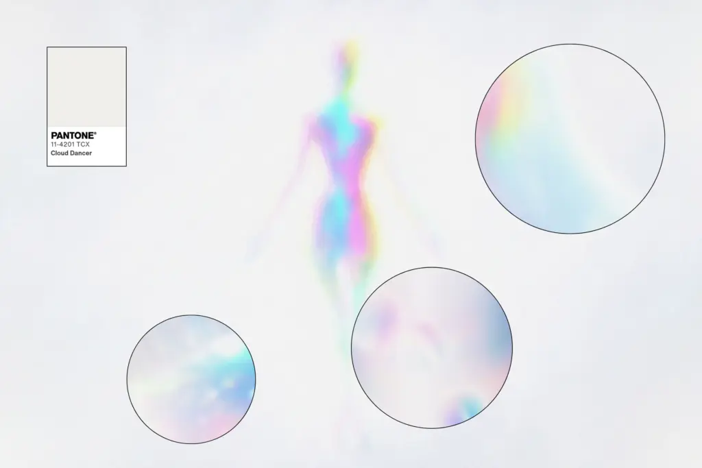 Ethereal humanoid figure with Pantone Cloud Dancer swatch and iridescent highlights – from the light gradient backgrounds Bundle.
