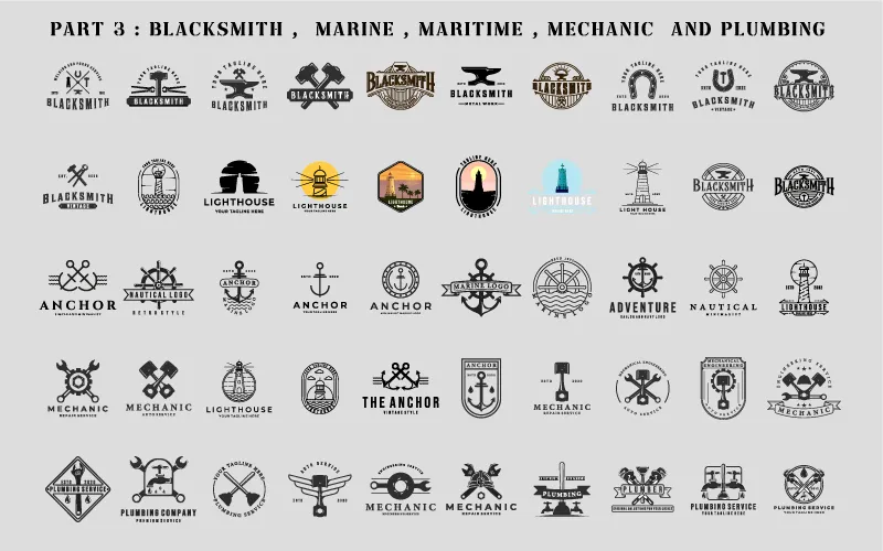 Set of logos featured in the industrial logos & emblems bundle including blacksmith, lighthouse, anchor, mechanic, plumbing themes