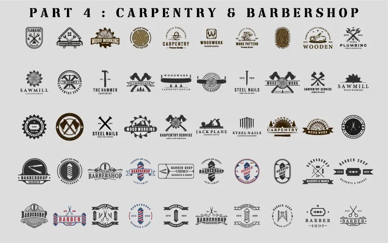Logos showcasing carpentry tools and vintage barbershop symbols in Industrial Lgos & Emblems Bundle