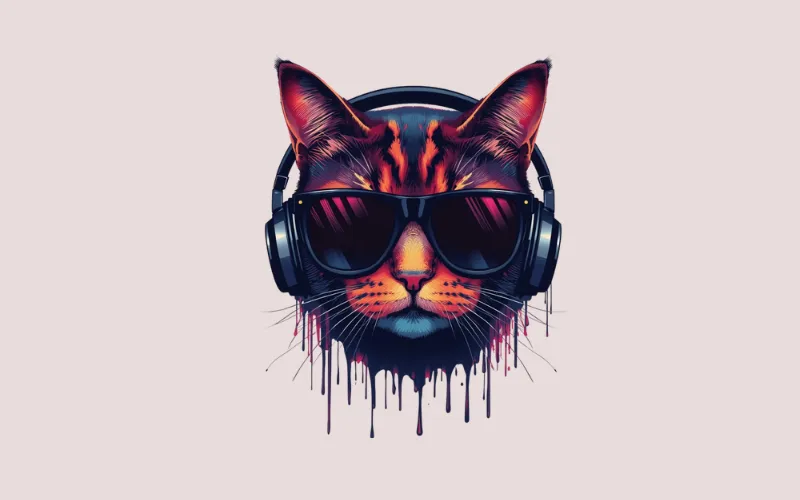 Multicolor neon cat design with reflective sunglasses and headphones using Cat T-shirt design prompts