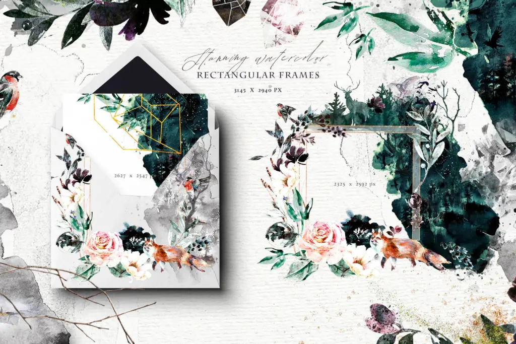 Whimsical watercolor illustrations bundle featuring rectangular floral frames