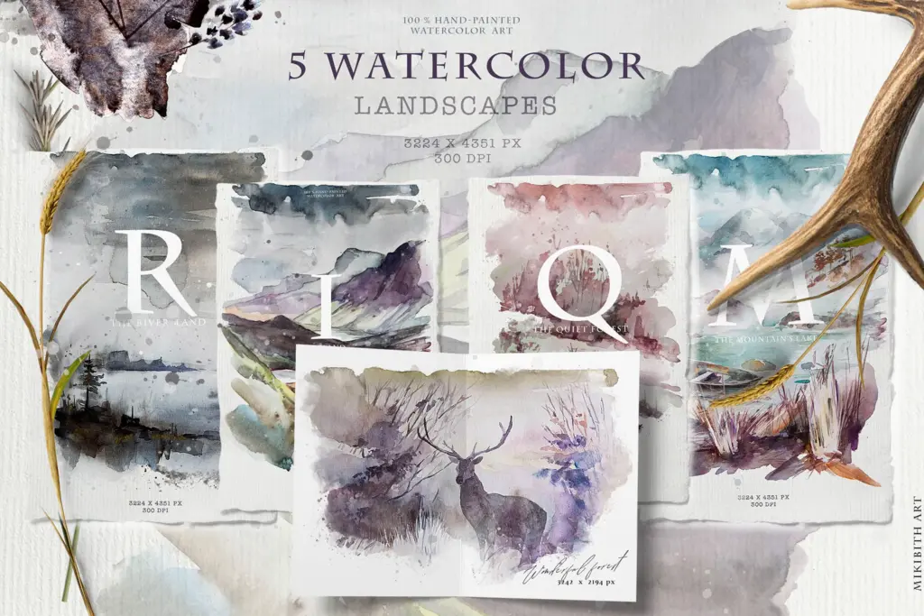 Whimsical watercolor illustrations bundle with serene river landscapes.