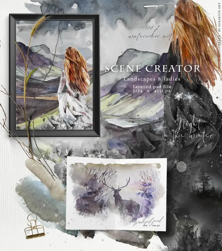 Whimsical watercolor illustrations bundle combining landscapes and ladies.