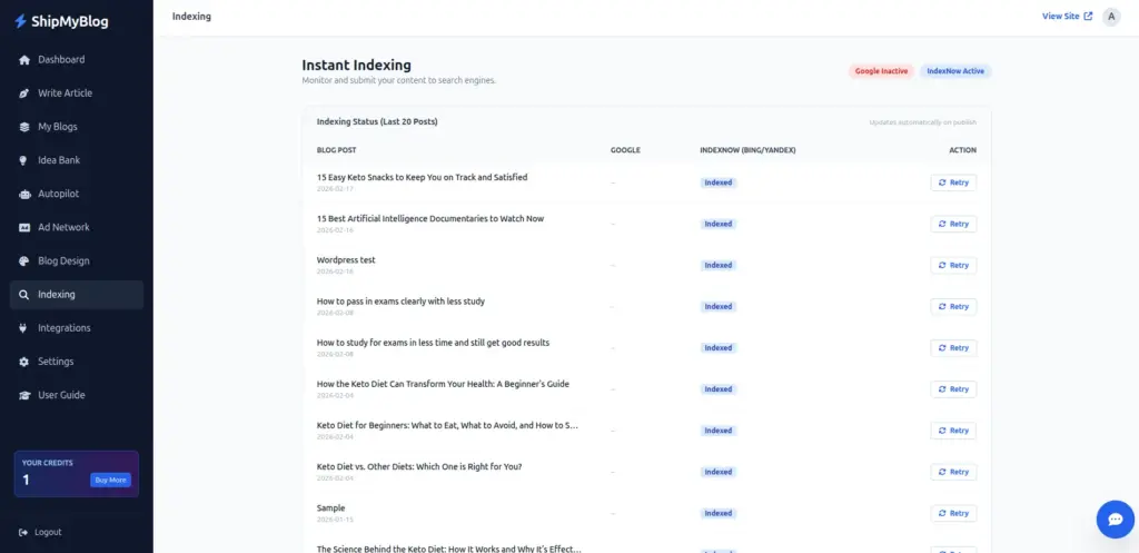 Instant Blog Indexing In ShipMyBlog AI SEO Blog Writer