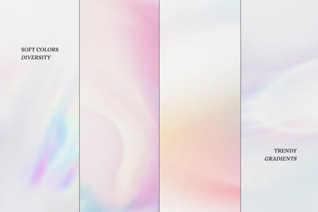 Four vertical panels showcasing diverse pastel gradients with text “Soft Colors Diversity” and “Trendy Gradients” – part of the Light Aura Gradient Backgrounds Bundle.