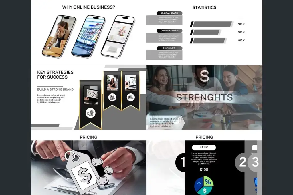 This is the strengths & pricing slide in the Online Business PPT Template