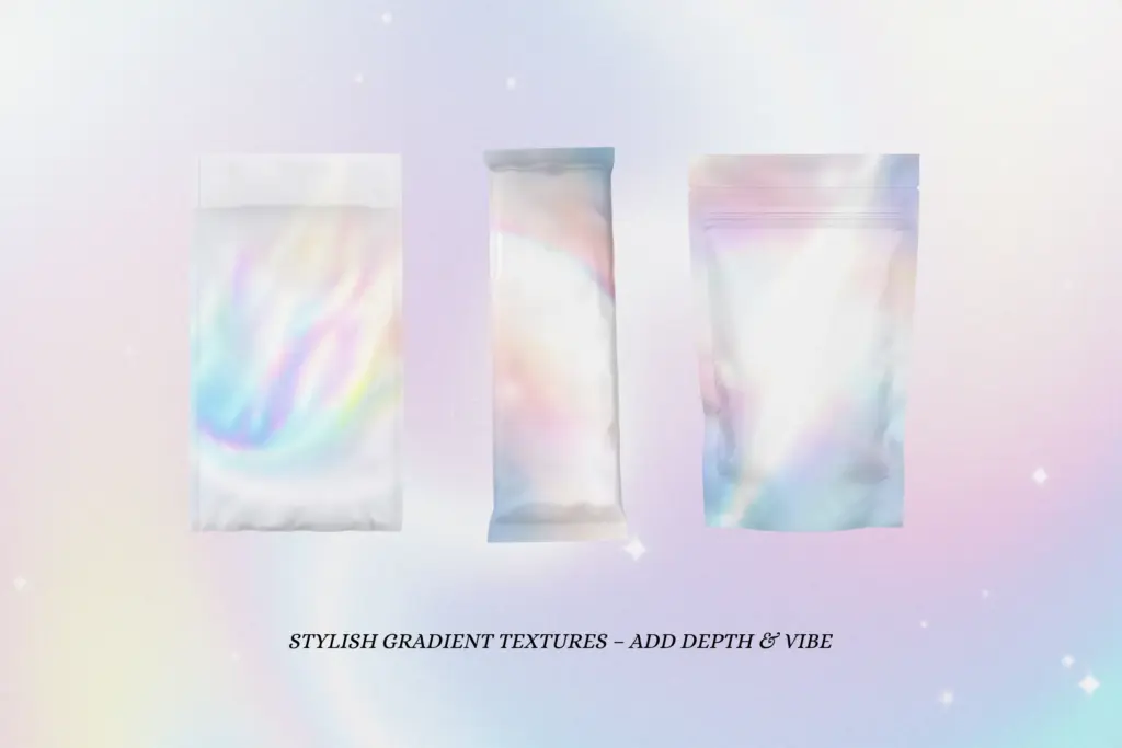 Packaging mockups featuring stylish gradient textures on pouches and packs – included in the Light Aura Gradient Backgrounds Bundle.