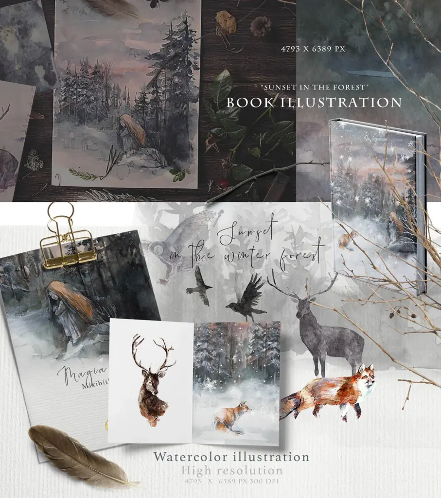 magical winter forest sunset featured in the Whimsical watercolor illustrations bundle