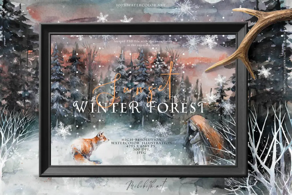 Whimsical watercolor illustrations bundle with sunset in the winter forest.
