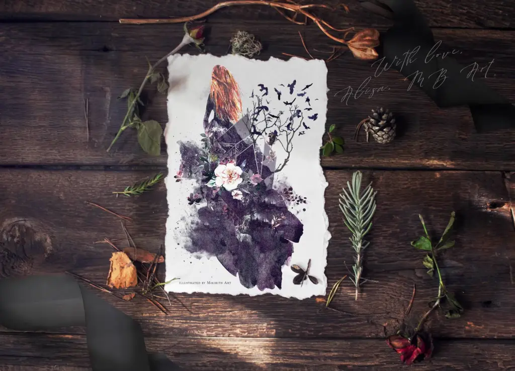 Whimsical watercolor illustrations bundle with surreal lady and nature scenes.