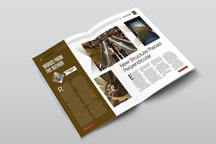 Sophisticated "Words from the Author" and architecture feature spread from the Editorial Magazine Templates collection.
