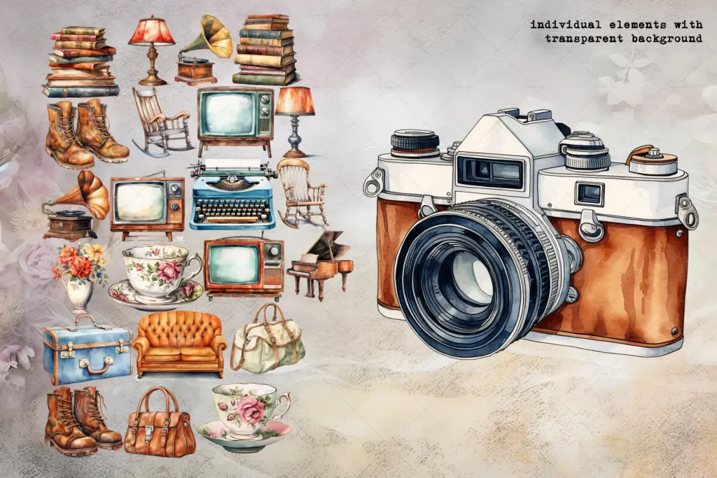 A large vintage film camera clipart surrounded by smaller icons of rocking chairs and stacked books.