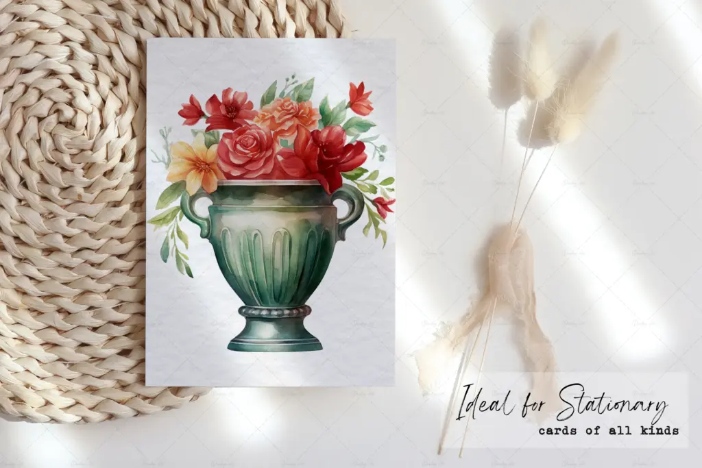 A physical greeting card featuring a floral arrangement in a vintage watercolor green urn clipart.
