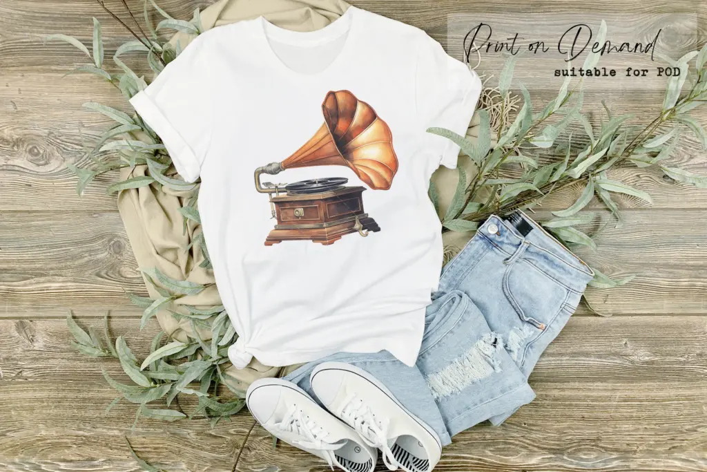 A white t-shirt mockup featuring a vintage watercolor gramophone clipart on a wooden background.
