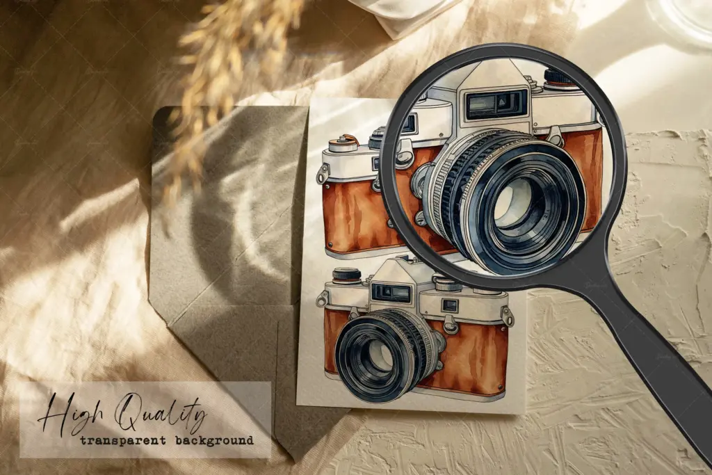 A close-up view through a magnifying glass of a vintage watercolor camera clipart.