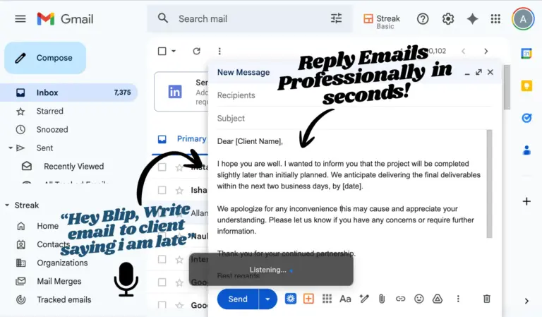 Writing professional emails with Blip AI's Action mode