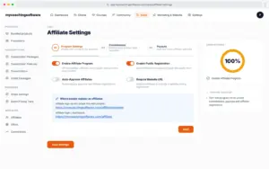 this is the affiliate program settings panel of the MyCoachingSoftware – AI Coaching Management Software