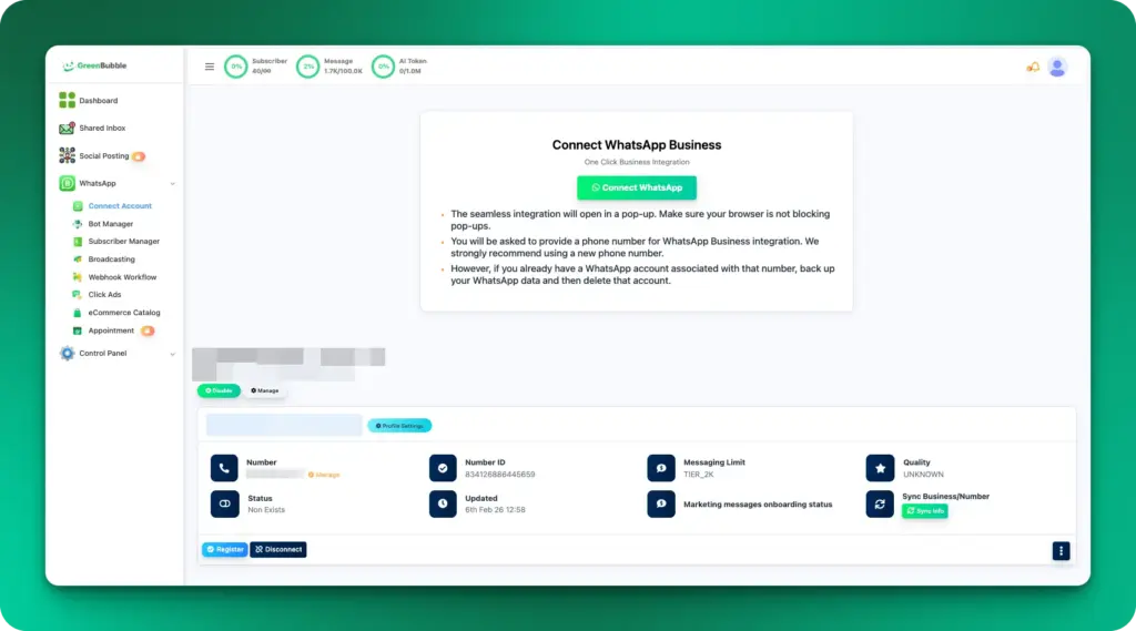 Connect WhatsApp for Automation with GreenBubble