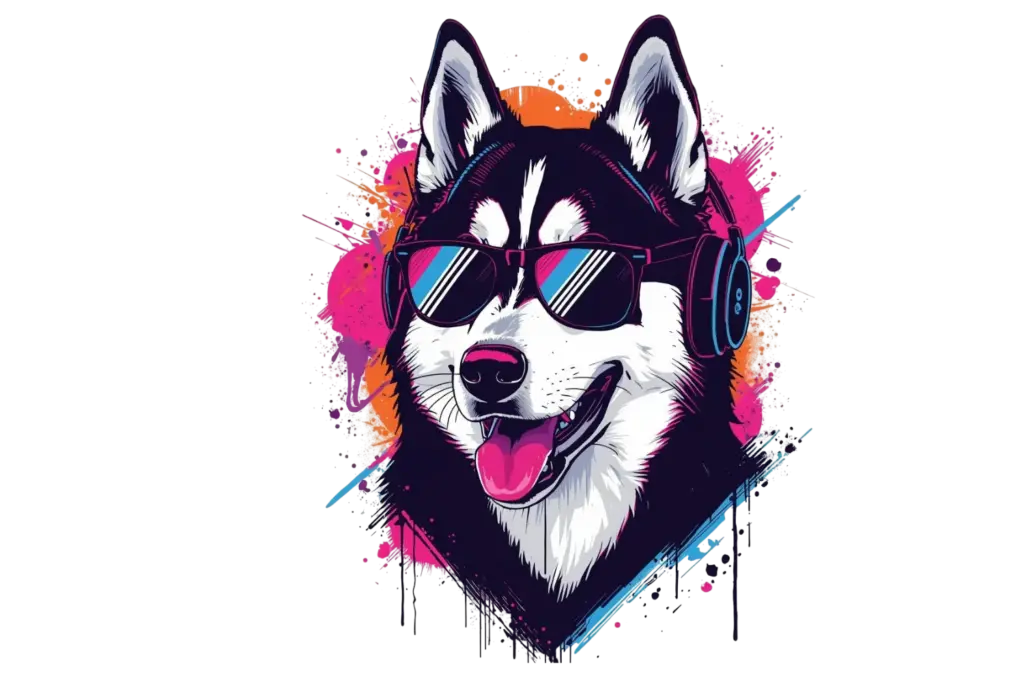 A happy, panting Husky wearing classic black sunglasses and headphones, created using the Midjourney prompts.