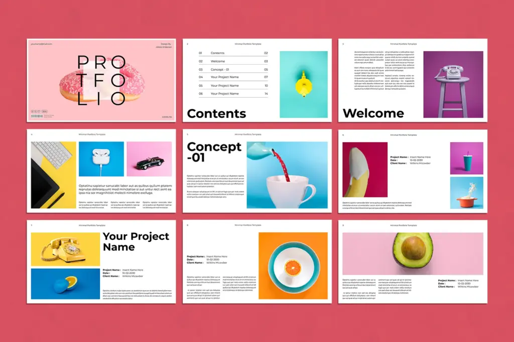 nine-slide portfolio presentation Template grid with donuts, phones, fruit, and creative imagery.