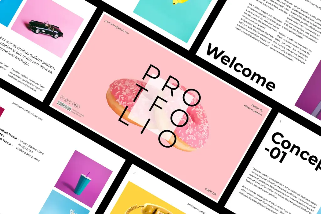 Central donut cover surrounded by vibrant portfolio slides in the Portfolio Presentation Template