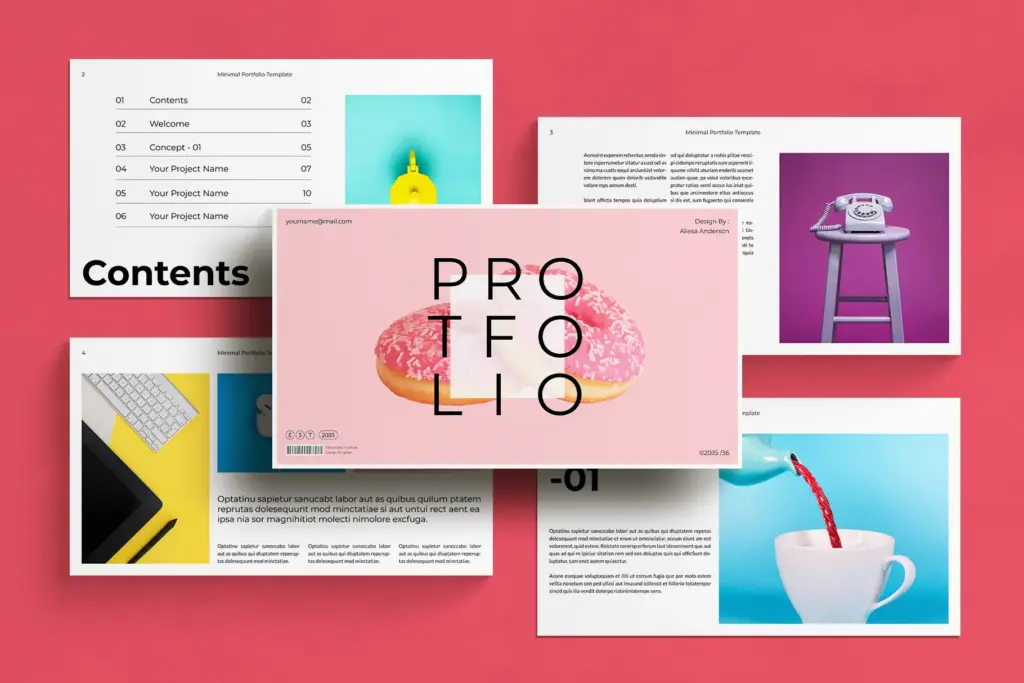 Portfolio Presentation Template with slide of spread with donut cover & surrounding creative slides.
