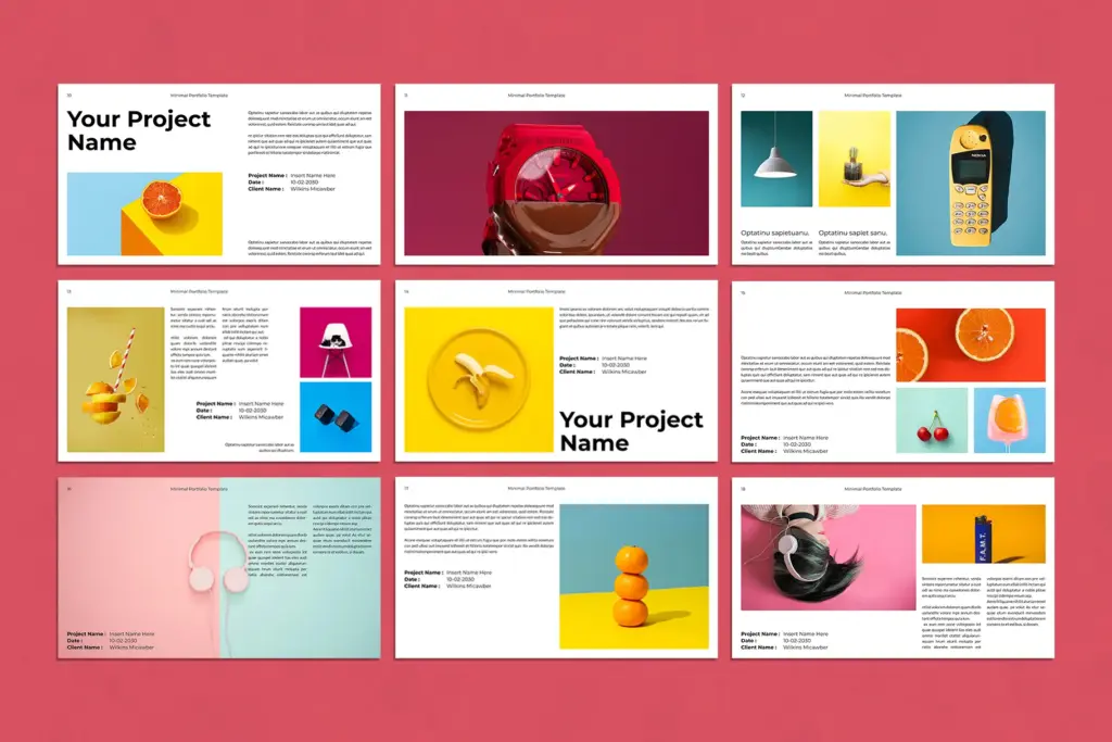 Nine-slide portfolio grid with fruits, headphones, lamp, and watch.
