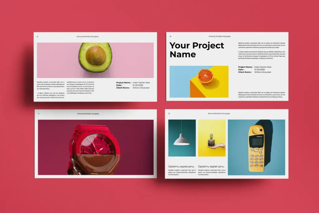 Portfolio Presentation slides with avocado, orange, wristwatch, and creative objects.