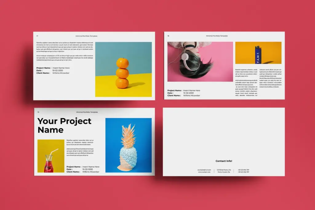 Portfolio Presentation slides with stacked oranges, colorful objects, and contact info