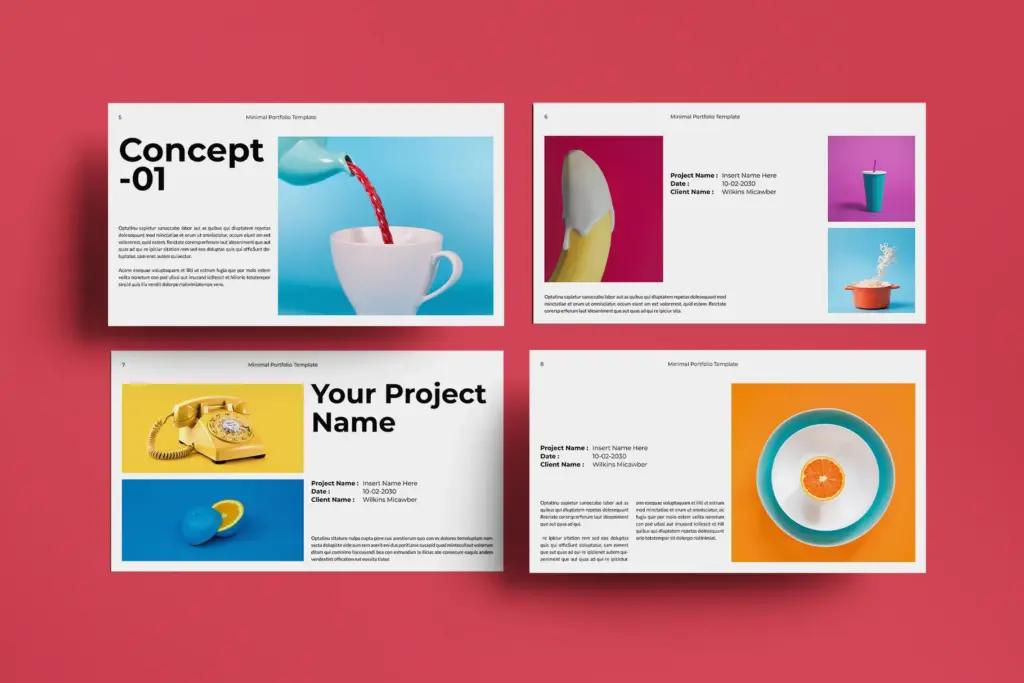 Portfolio Presentation slides featuring banana, cup, orange, and telephone imagery.