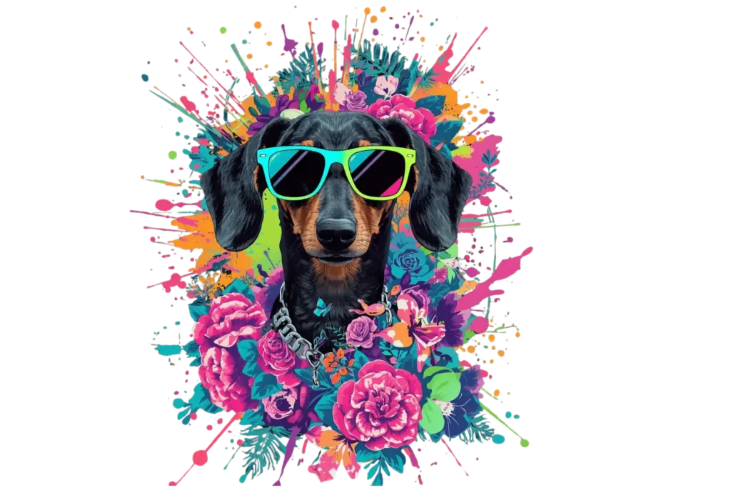 A sleek Dachshund wearing neon green sunglasses and a silver chain, created using the Midjourney prompts.