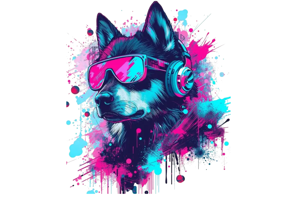 A stylized Husky in a 3/4 profile, wearing oversized vaporwave sunglasses and headphones, created using the Midjourney prompts.
