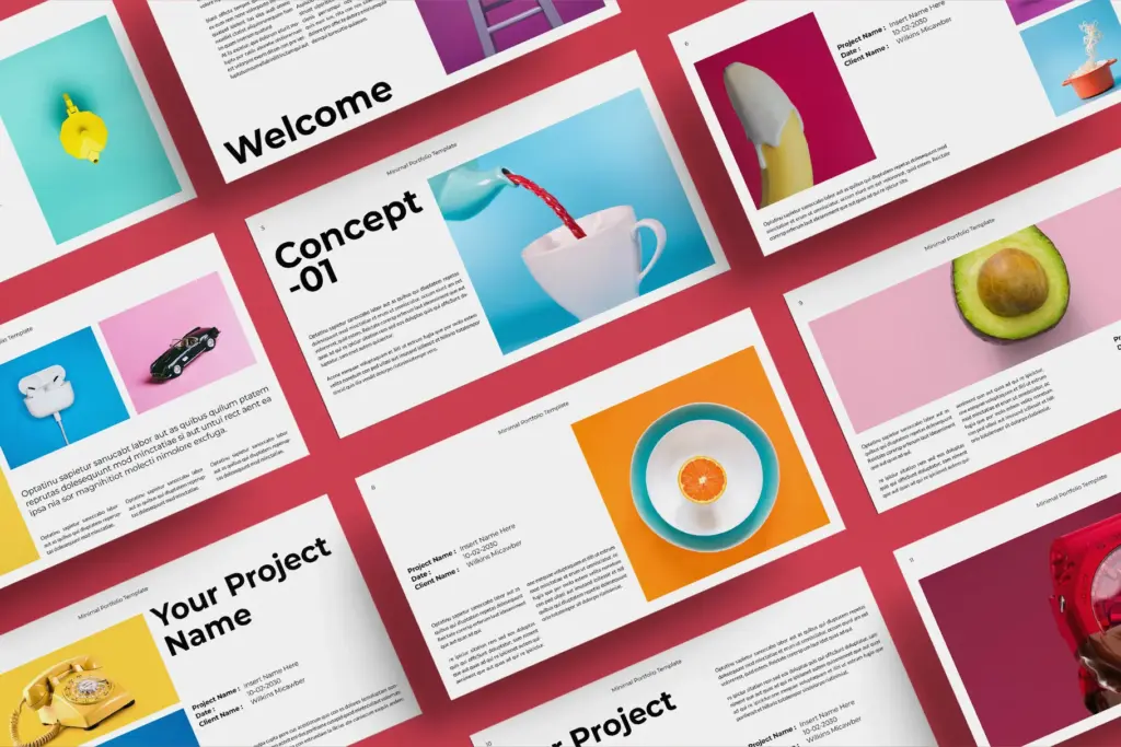 Tilted grid of colorful portfolio slides with everyday objects included in the Portfolio Presenatation Template