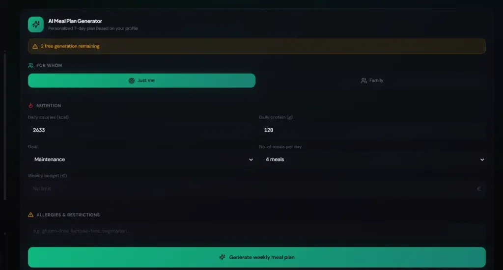 AI Meal Planner of NutriAI