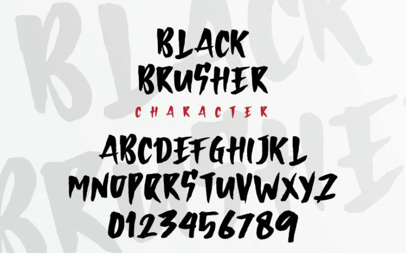 Full character set for Black Brusher grunge brush font featuring numbers and alphabet.