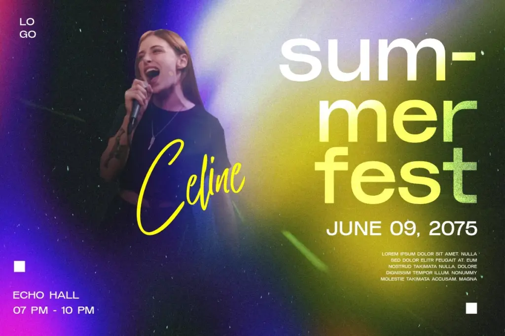 A concert poster design utilizing Noisy Gradient Backgrounds to create a high-energy, textured visual.