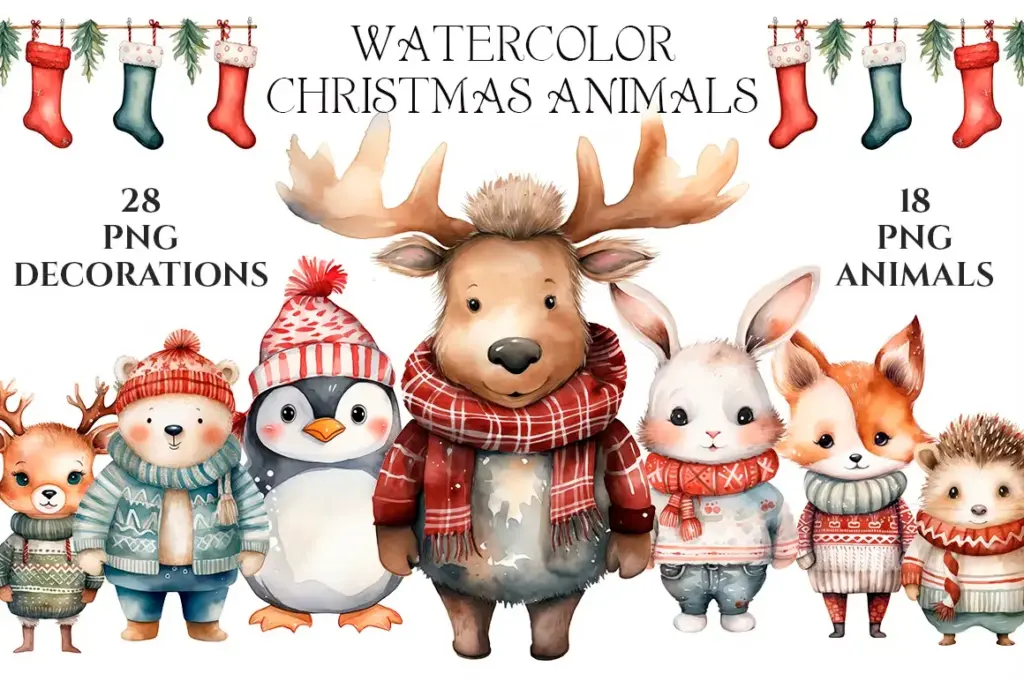 Christmas animals clipart of 3800+ Watercolor Pictures Bundle