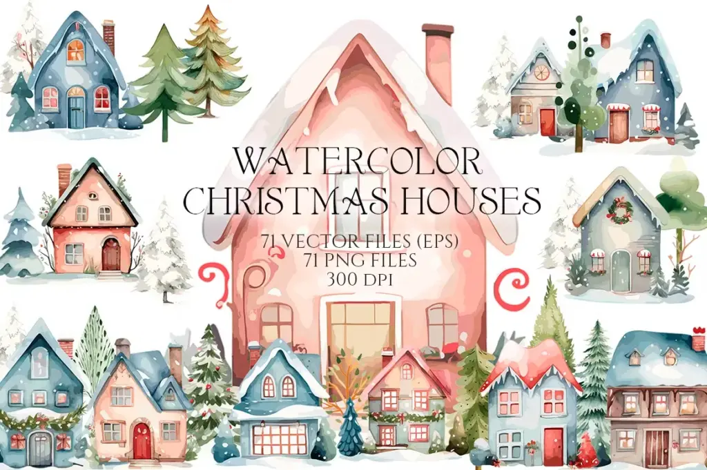 Christmas houses clipart of 3800+ Watercolor Pictures Bundle