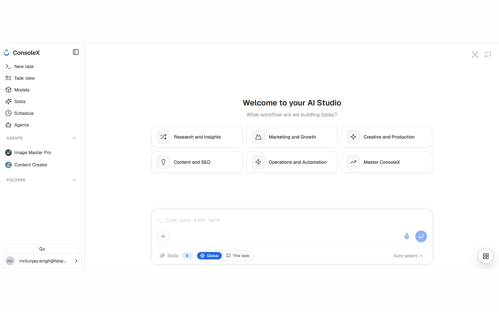 Kick off workflows across research, marketing, content, and automation from one workspace.