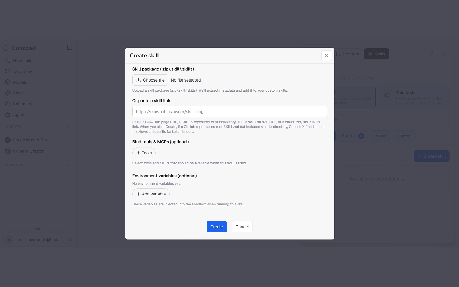 Build custom skills by uploading a package or importing directly from a ClawHub or GitHub link.