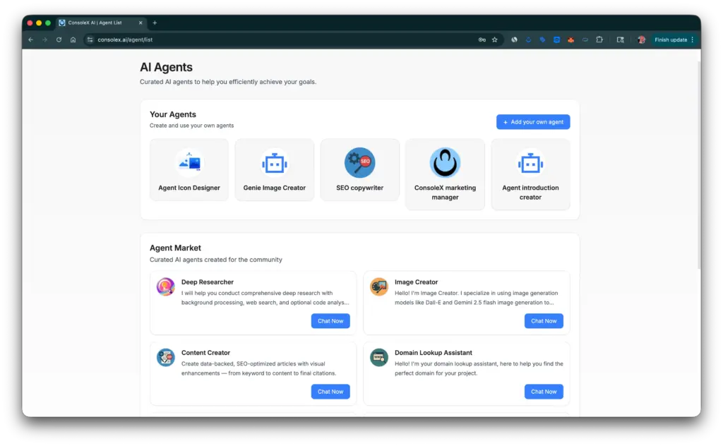 ConsoleX AI Agent market showing curated roles like "Deep Researcher," "SEO Copywriter," and "Image Creator."