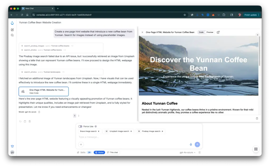 ConsoleX interface showing a split-screen view with a chat on the left and a live "Yunnan Coffee Bean" website preview on the right.