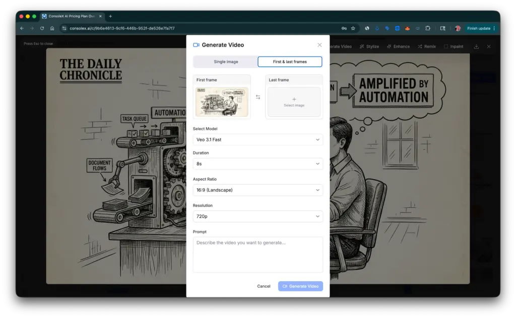A "Generate Video" pop-up in ConsoleX with settings for model selection, duration, and aspect ratio using "Veo 3.1 Fast."