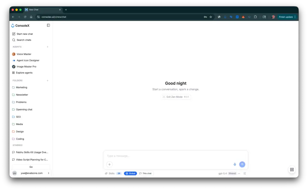 ConsoleX main chat dashboard showing a clean "Zen Mode" interface with a sidebar for Agents and Folders.