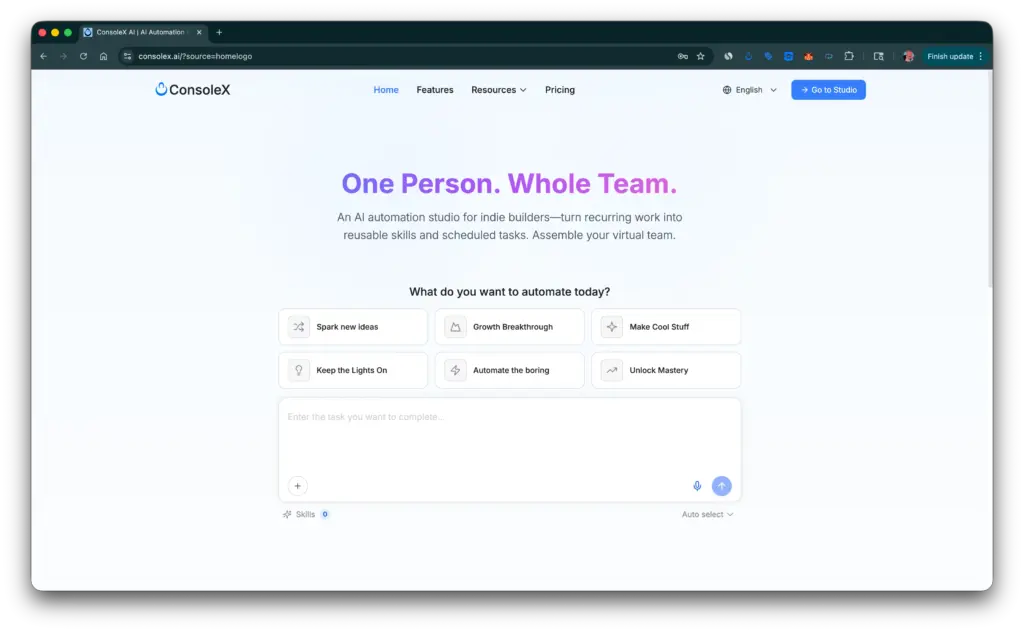 ConsoleX landing page featuring the headline "One Person. Whole Team." with a task input bar and automation category buttons.