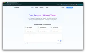 ConsoleX landing page featuring the headline "One Person. Whole Team." with a task input bar and automation category buttons.