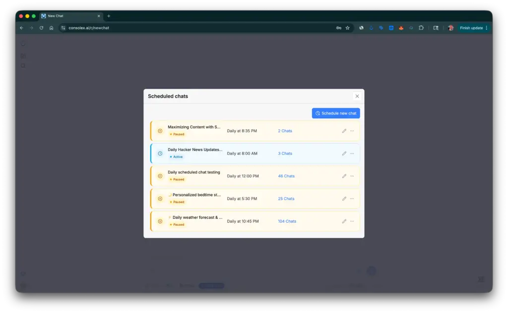 A "Scheduled chats" window in ConsoleX showing recurring tasks like "Daily Hacker News Updates" and "Daily weather forecast."